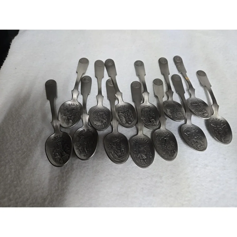 Vintage 1976 Franklin Mint 13 Colonies Pewter Souvenir Spoon Set Bicentennial
